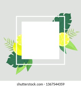 Vector illustration. Square frame decorated with lemons, lemon slices, green leaves and branches. Gray background.