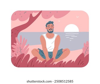 Ilustración vectorial en un marco cuadrado que representa a un hombre barbudo que medita en la naturaleza cerca del agua bajo un árbol contra el fondo del sol poniente. Estilo plano de la historieta en el fondo aislado.