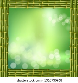 Vector illustration of square green bamboo stems border frame, blur bokeh background and blurry white circles inside. Abstract spa concept tropical banner with empty copy space, place for text.
