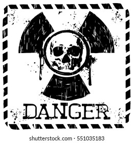 Vector illustration square grunge black and white sign radiation to skull and lettering danger