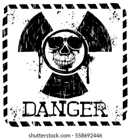 Vector illustration square grunge black and white symbol radiation to skull and lettering danger. Design for t-shirt or poster print