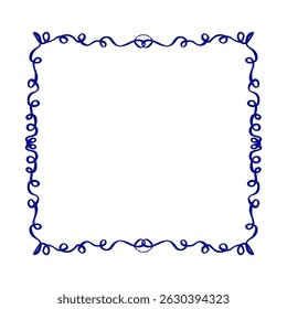 Vector illustration of a square ornamental frame formed by looping botanical curls. Blue outline drawing perfect for stationery, branding, wedding invitations, packaging, and decorative layouts.