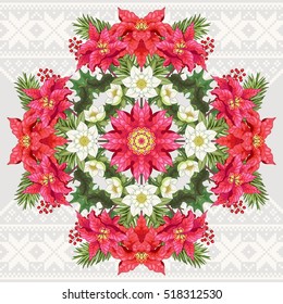 Vector illustration. Square pattern on scandinavian ornament on seamless backdrop. Branch of poinsettia and hellebore flowers, holly branches. Christmas collection.