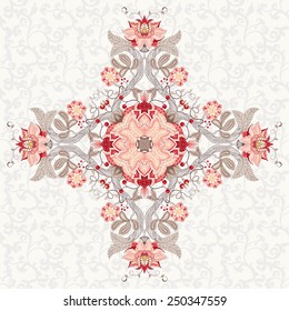 Vector illustration with square patterns. Beautiful fantastic flower with leaves, tendrils and berries. Delicate seamless background. Motives of vintage Indian fabrics. Tree of Life collection.