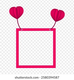 Vector illustration of square photo frame with flying paper cut hearts on transparent background