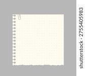 Vector illustration of a square piece of notebook paper with a paperclip on a gray background. The paper has a dotted grid and a torn edge on one side.