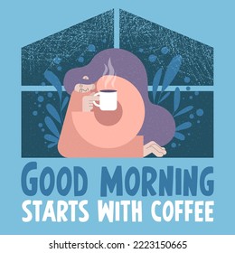 Vector illustration. Square postcard. The girl is drinking coffee. Home, morning comfort. Good morning start with coffee.	

