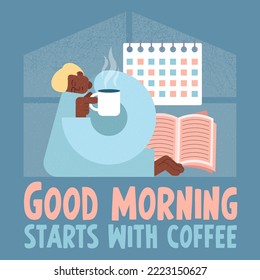 Vector illustration. Square postcard. The man is drinking coffee. Home, morning comfort. Good morning start with coffee.	
