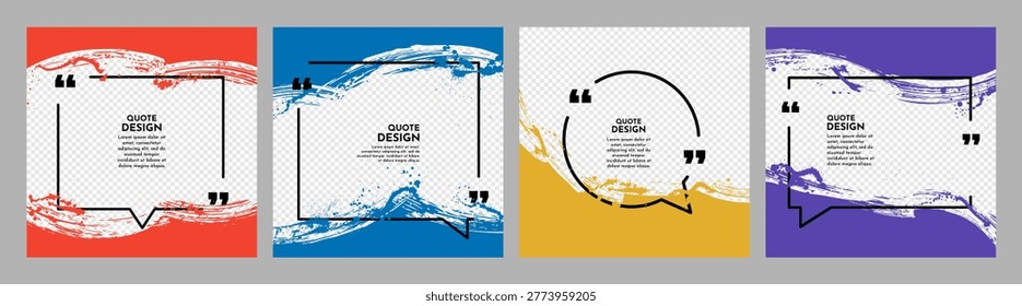 Vector illustration. Square quote templates with vibrant paint brush strokes. Colorful overlays on transparent backgrounds with linear quote frame. Design elements for social media, advertising