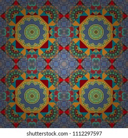 Vector illustration. Square scraps in oriental style. Abstract seamless pattern in yellow, brown and blue colors. Ideal for printing on fabric or paper.