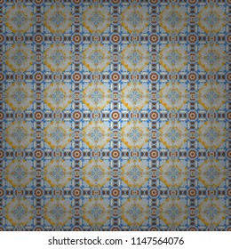 Vector illustration. Square scraps in oriental style. Ideal for printing on fabric or paper. Abstract seamless pattern in blue, yellow and gray colors.