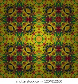 Vector illustration. Square scraps in oriental style. Ideal for printing on fabric or paper. Abstract seamless pattern in brown, green and yellow colors.