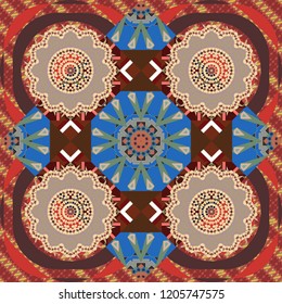 Vector illustration. Square scraps in oriental style. Ideal for printing on fabric or paper. Abstract seamless pattern in beige, pink and brown colors.