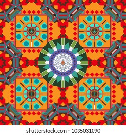 Vector illustration. Square seamless pattern composition in pink, orange and blue colors for kerchief with floral motif.