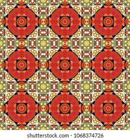 Vector illustration. Square seamless pattern design for pillow, carpet, rug. Abstract tiles with patterns in magenta, red and brown colors. Design for silk neck scarf, kerchief, hanky.