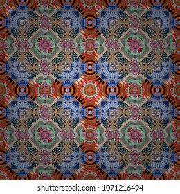 Vector illustration. Square seamless pattern composition in orange, gray and blue colors for kerchief with floral motif.