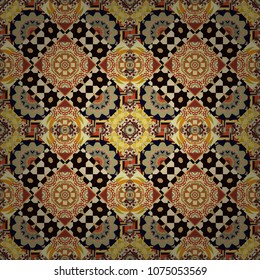 Vector illustration. Square seamless pattern composition in black, beige and yellow colors for kerchief with floral motif.