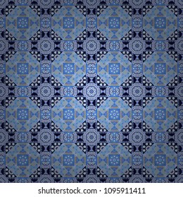 Vector illustration. Square seamless pattern composition in blue, black and gray colors for kerchief with floral motif.