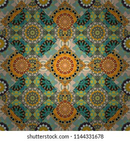 Vector illustration. Square seamless pattern composition in yellow, orange and blue colors for kerchief with floral motif.