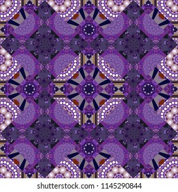 Vector illustration. Square seamless pattern composition in violet, purple and gray colors for kerchief with floral motif.