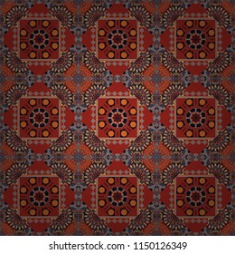 Vector illustration. Square seamless pattern composition in red, brown and orange colors for kerchief with floral motif.