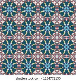 Vector illustration. Square seamless pattern composition in violet, blue and brown colors for kerchief with floral motif.