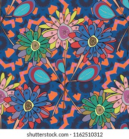 Vector illustration. Square seamless pattern design for pillow, carpet, rug. Design for silk neck scarf, kerchief, hanky. Abstract tiles with patterns in beige, pink and red colors.