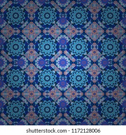 Vector illustration. Square seamless pattern design for pillow, carpet, rug. Design for silk neck scarf, kerchief, hanky. Abstract tiles with patterns in beige, blue and violet colors.