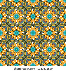 Vector illustration. Square seamless pattern composition in blue, orange and yellow colors for kerchief with floral motif.
