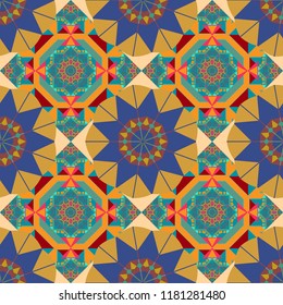 Vector illustration. Square seamless pattern composition in yellow, blue and violet colors for kerchief with floral motif.