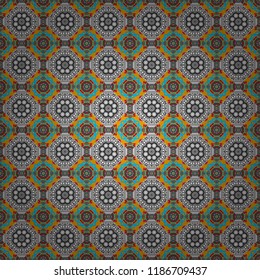 Vector illustration. Square seamless pattern composition in gray, blue and yellow colors for kerchief with floral motif.