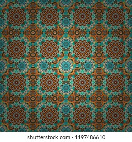 Vector illustration. Square seamless pattern composition in green, brown and blue colors for kerchief with floral motif.