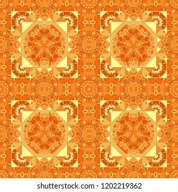 Vector illustration. Square seamless pattern composition in yellow, beige and orange colors for kerchief with floral motif.