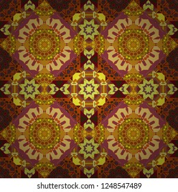 Vector illustration. Square seamless pattern composition in yellow, orange and brown colors for kerchief with floral motif.
