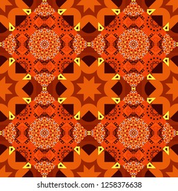 Vector illustration. Square seamless pattern composition in orange, red and magenta colors for kerchief with floral motif.