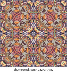 Vector illustration. Square seamless pattern design for pillow, carpet, rug. Abstract tiles with patterns in gray, beige and purple colors. Design for silk neck scarf, kerchief, hanky.