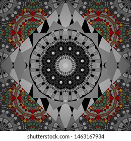 Vector illustration. Square seamless pattern design for pillow, carpet, rug. Abstract tiles with patterns in gray, blue and brown colors. Design for silk neck scarf, kerchief, hanky.