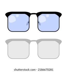 Vector illustration of square shape glasses with black frame and blue glass on a white background with shadow.