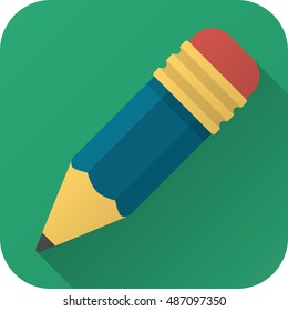 Vector illustration. Square shape icon in flat design. Toy pencil with eraser in simple design with long shadow. Icon vector size 1024 corner radius 180
