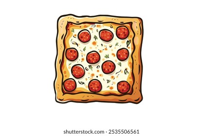 Vector Illustration of Square Sicilian Pizza in Cartoon Style – Delicious Slice of Thick-Crusted Pizza with Toppings of Tomato Sauce, Mozzarella Cheese, Anchovies, and Fresh Herbs.