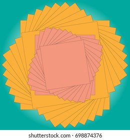 Vector illustration square stickers pink and orange with a contour lying on top of each other and twisted in a spiral on a turquoise background.