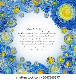 Vector illustration square template of starry night sky with glowing yellow moon and with blank central space in the style of Van Gogh impressionist paintings suitable for anniversary greeting cards.