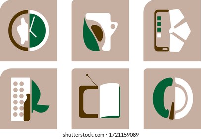 Vector  illustration .Square three -tone icons on a light background.The connection between nature and technology.Healthy food, ecology, development.