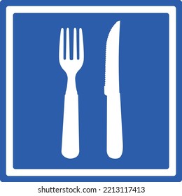 Vector Illustration Of Square Traffic Sign Of Blue And White Color, Indicating Restaurant Area