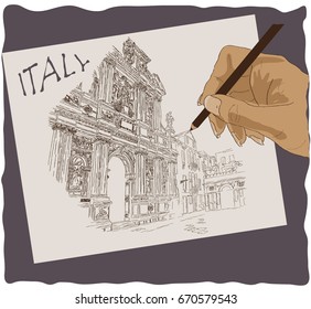 Vector illustration of a square in Venice with a fragment of the Church of Santa Maria del Giglio