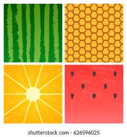 Vector illustration of the square with watermelon, cells, orange and watermelon pulp seamless pattern.