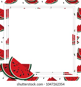 Vector illustration of square white frame and rectangle label on watermelon fruit background. Tropical fresh and juicy red melon fruit closely spaced background in flat design.