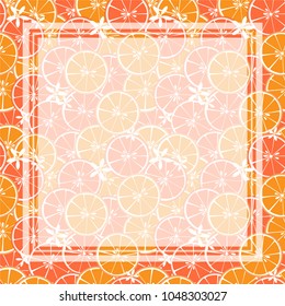 Vector illustration of square white frame and rectangle label on citrus fruit background. Tropical fresh and juicy orange citrus fruit closely spaced background and flower in flat design.