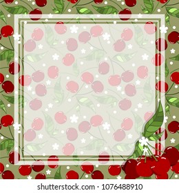 Vector illustration of Square white label on ripe cherry background. Red berry fresh and juicy, Cherry frame.
