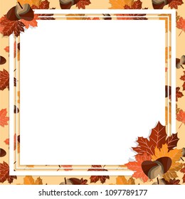 Vector illustration of Square white label on autumn leaves background. Autumn leaves frame.